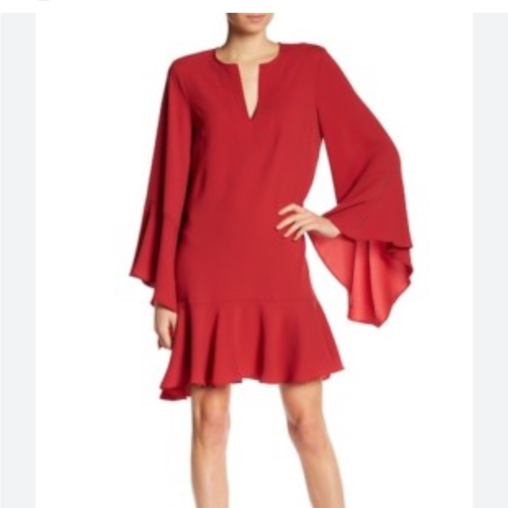 BCBGMAXAZRIA Teegan A-line long bell sleeve ruffle flowy dress rosewood sz m